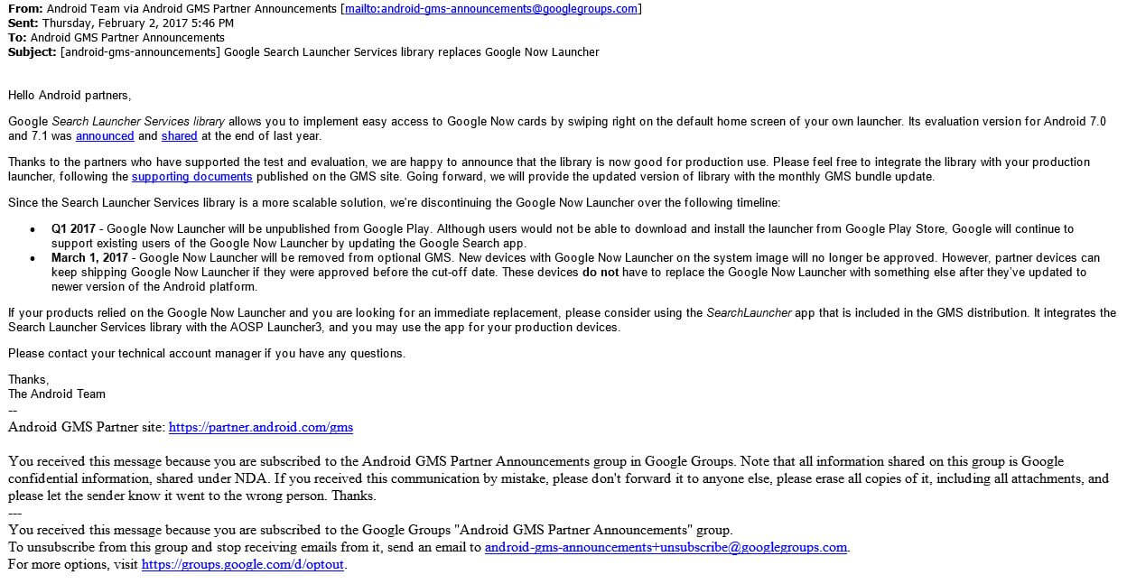 Google Now Launcher will be removed from PlayStore