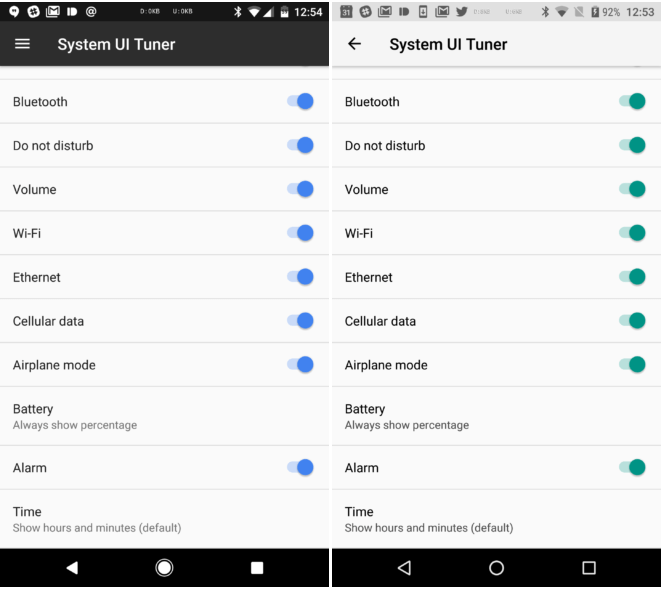 System UI Tuner comparison between Android N and Android O