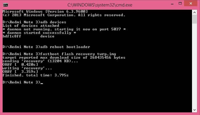 Xiaomi Redmi Note 3 "fastboot flash recovery twrp.img"