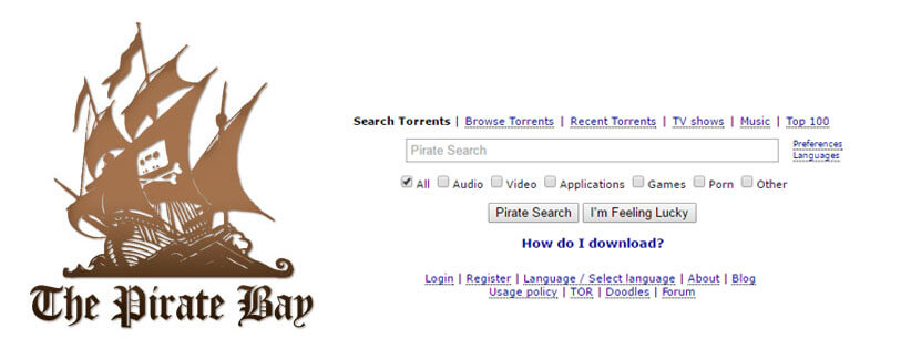 The Pirrate Bay - Situs web Torrent Terbaik tahun 2019