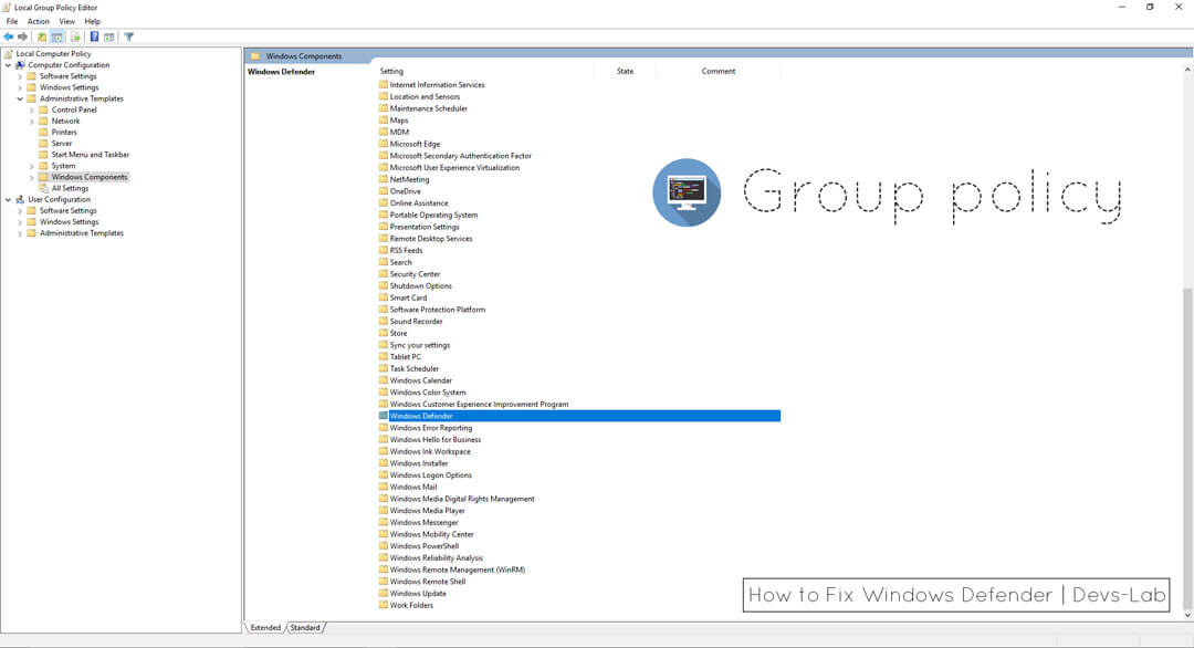Group Policy Edit to fix Windows Defender