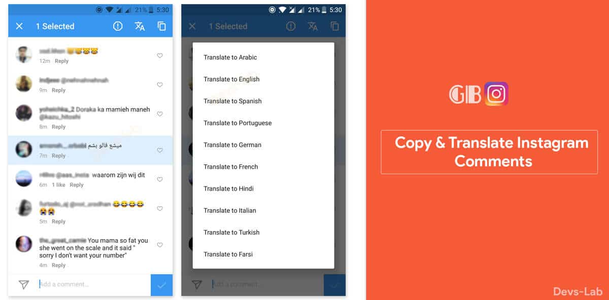 Translate and Copy Instagram Comments