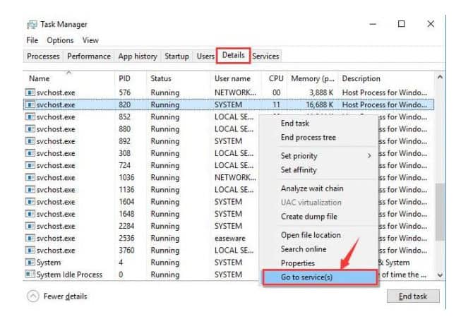 Go to Services of svchost