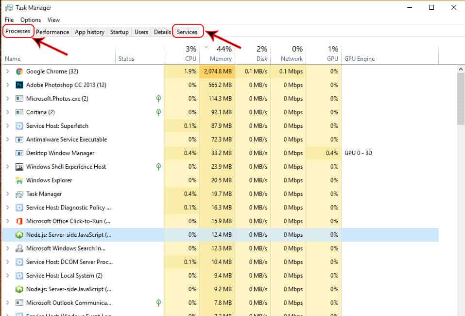 Process and Service tabs in Task Manager