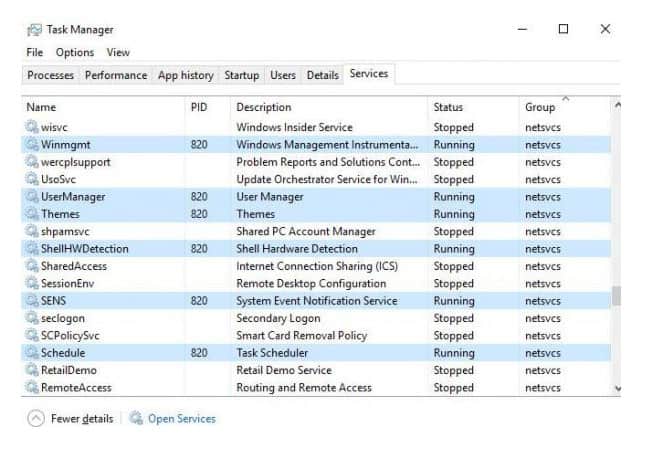 Services using each svchost