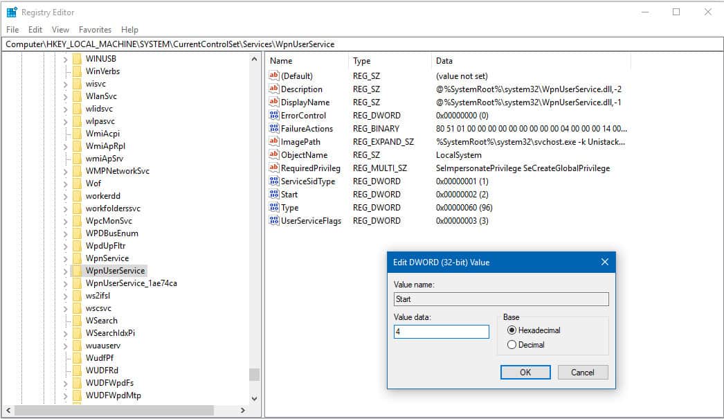 Editing Windows WpnUserService Startmenu stopped working