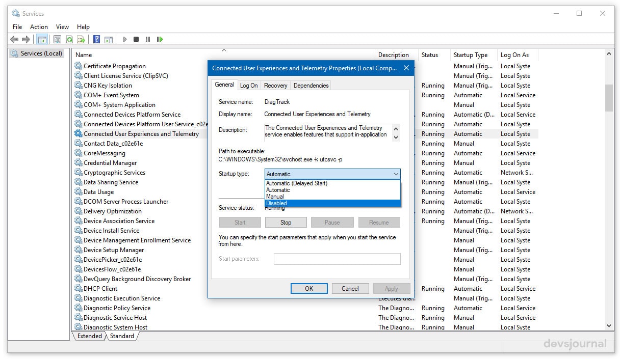 Connected User Experience and Telemetry Properties disable