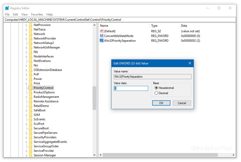 Registry Editor to change value of Win32PrioritySeparation
