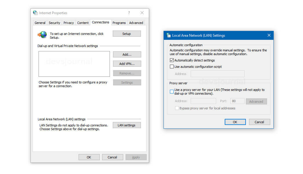 Disabling Proxy Server in Windows to fix Windows could not automatically detect this network’s proxy settings