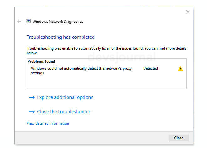 Windows could not Automatically detect this network proxy settings