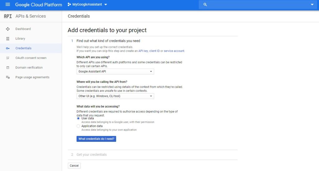 how to add credentials to google project api