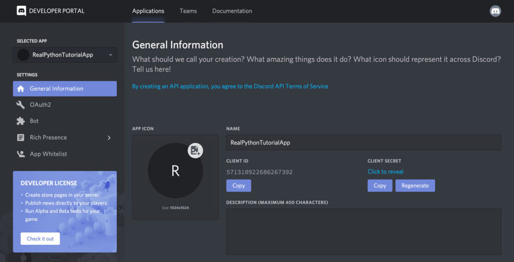 Discord Developer Portal for getting Discord Bot Token