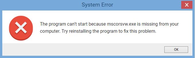 mscorsvw.exe system error windows 10