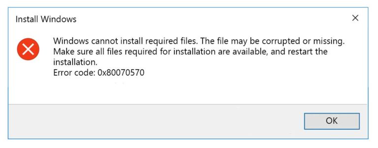 windows cannot install required files