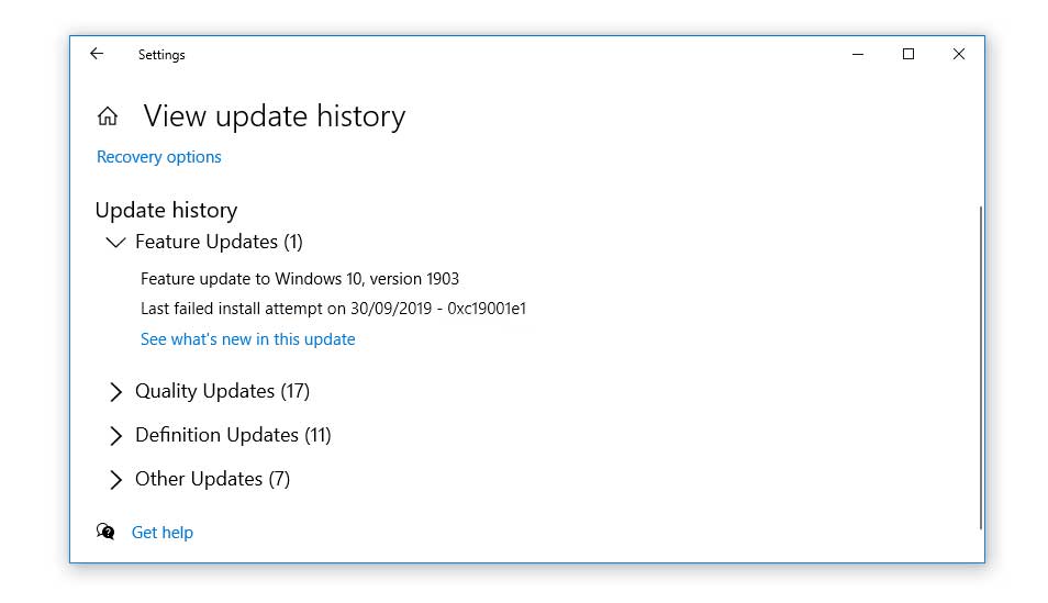 feature update to windows 10, version 1903 - error 0xc19001e1