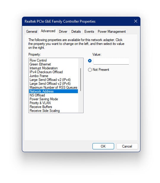 Assign a MAC address in Windows 11