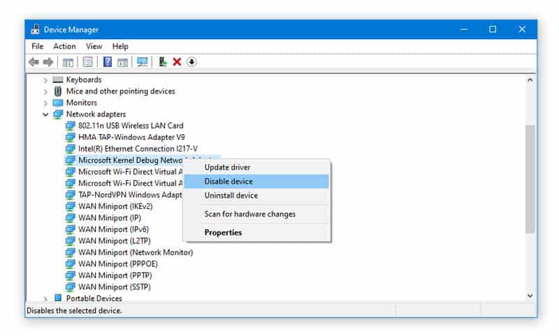 microsoft kernel debug network adapter driver windows 10