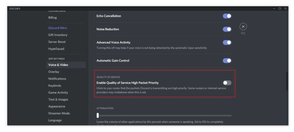 Disable Quality of Service High Packet Priority in Discord