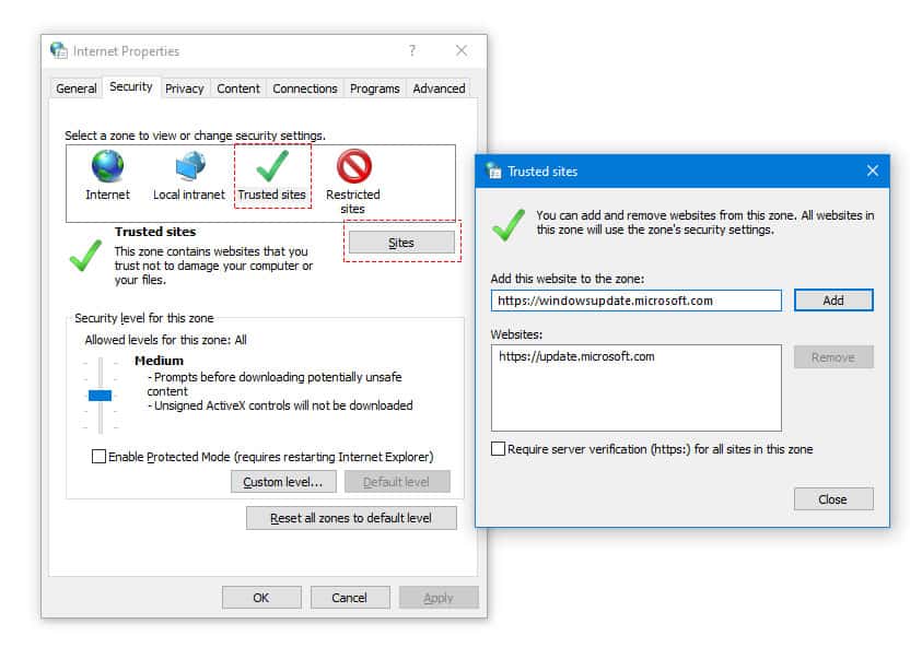 Add Update Server as Trusted Websites