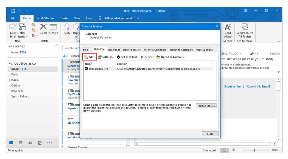 Change The Mail Delivery Location in Outlook