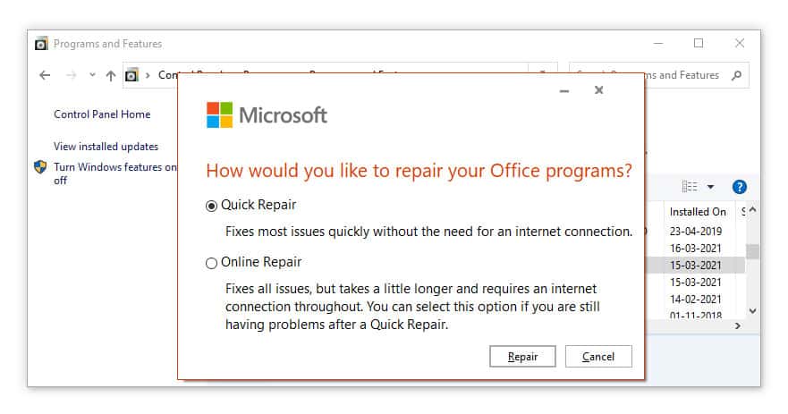 Repair Microsoft Office 365