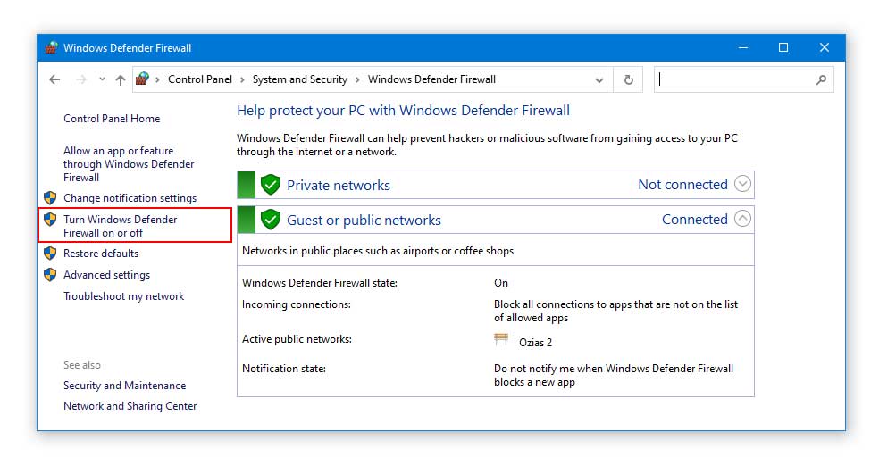 Turn Windows Defender Firewall On or Off