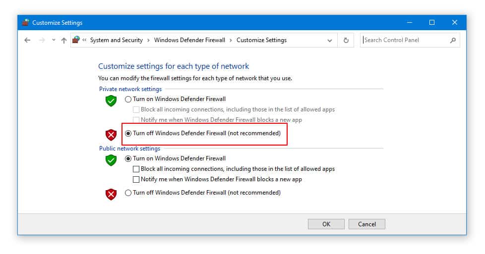 Turn off Windows Firewall