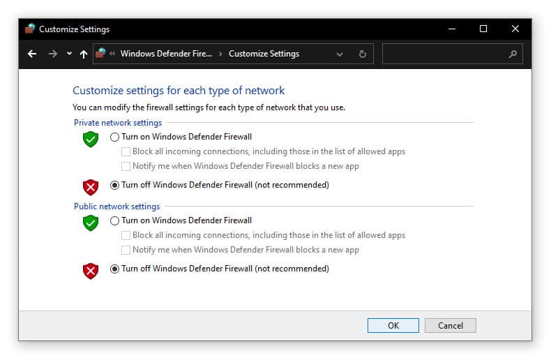 Turn Off Windows Defender Firewall/ Third-Party Antivirus