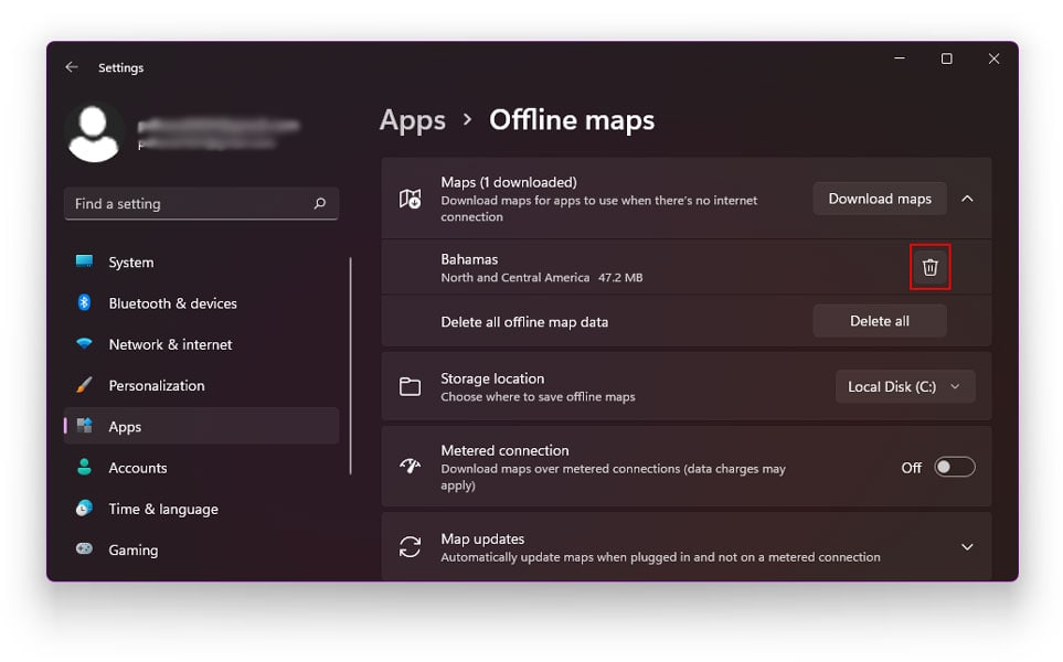 Delete all the downloaded offline maps in Windows 11 