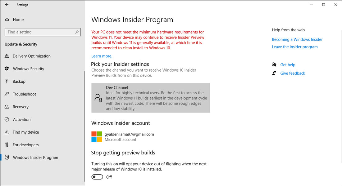 Enable dev build in Windows Insider Program