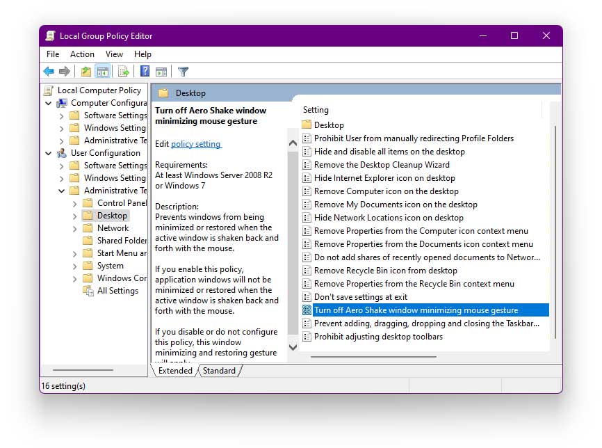 Enable Title Bar Window Shake in Windows 11 via Group Policies