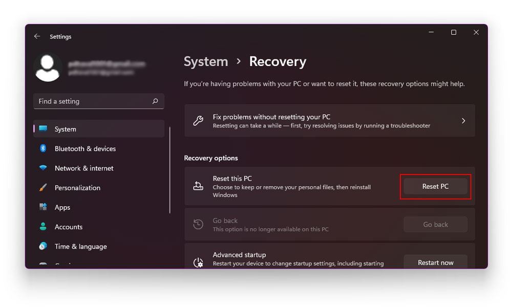 Reset PC in Windows 11