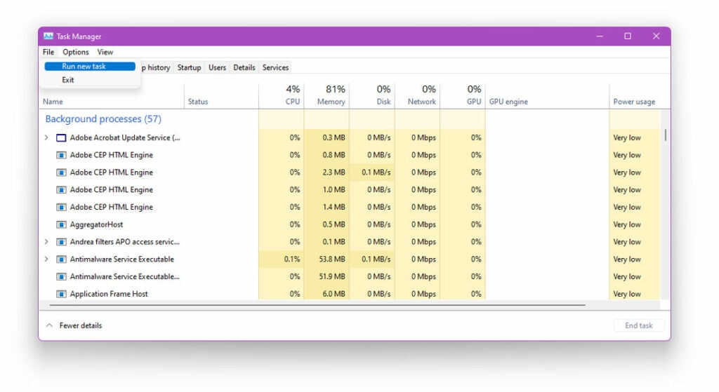 Run New Task on Task Manager