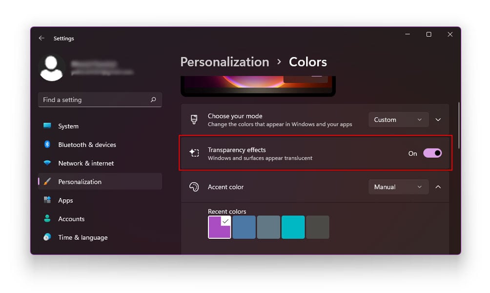 Using Personalization Options to make your taskbar transparent in Windows 11