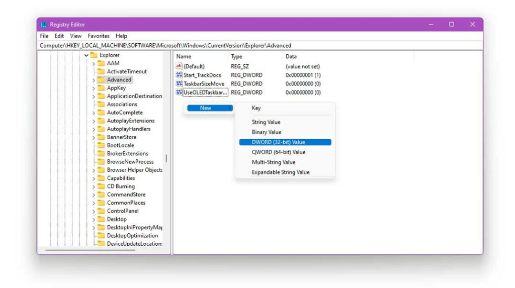 Using Windows Registry Editor Option to make transparent taskbar in windows 11