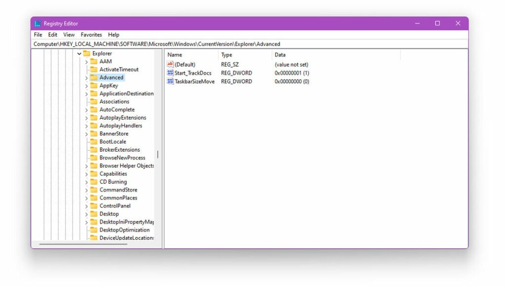 Using Windows Registry Editor Option to make transparent taskbar in windows 11