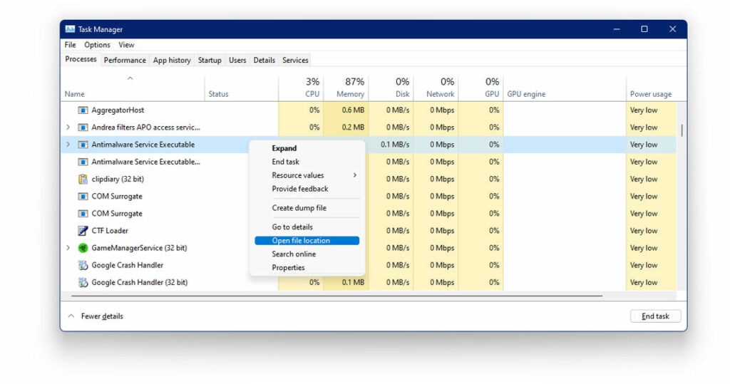 task manager antimalware service executable