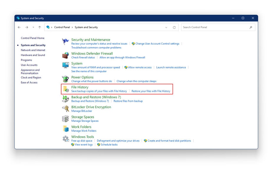 how to turn on file history in Windows 11