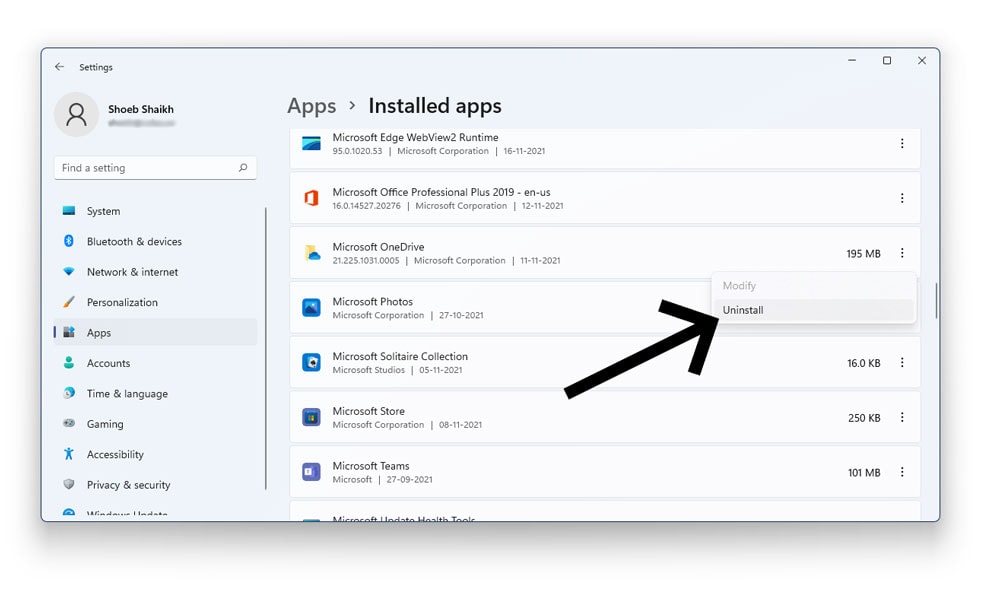 how to uninstall onedrive in Windows 11