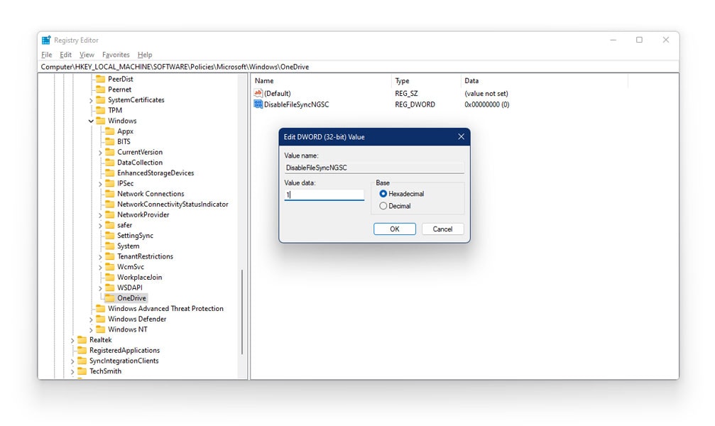 Disable OneDrive in Windows 11 via Registry Editor