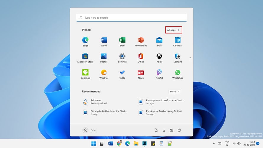 Pin app to taskbar from All Apps