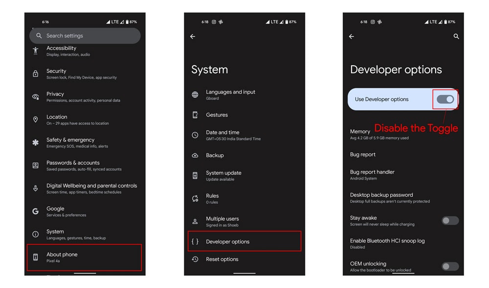 how to disable developer options in android