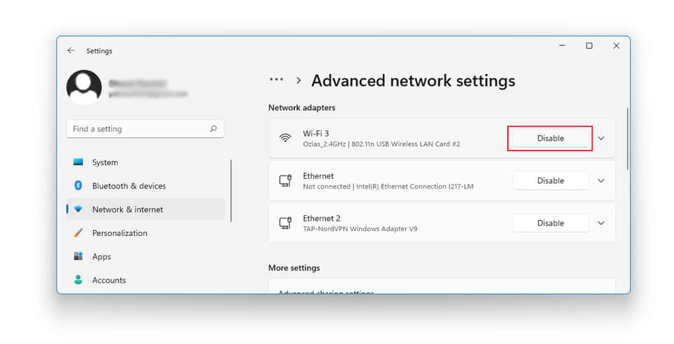 Enable and Disable Network Adapter in Windows 11