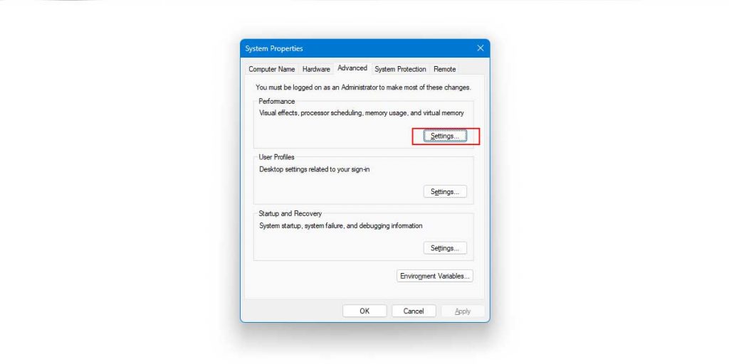 Advanced System Properties Settings