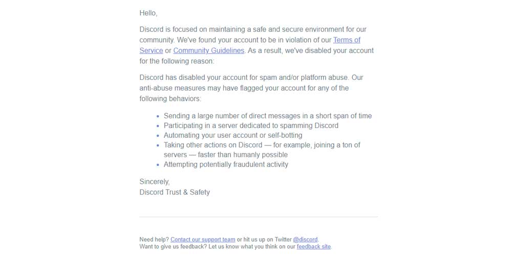 discord disabled account contact support team