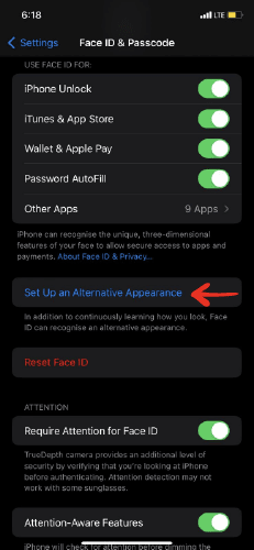 set up alternate face ID 