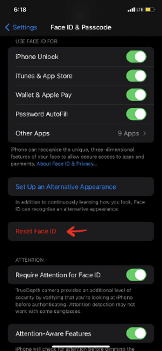 face id not available reset face ID 